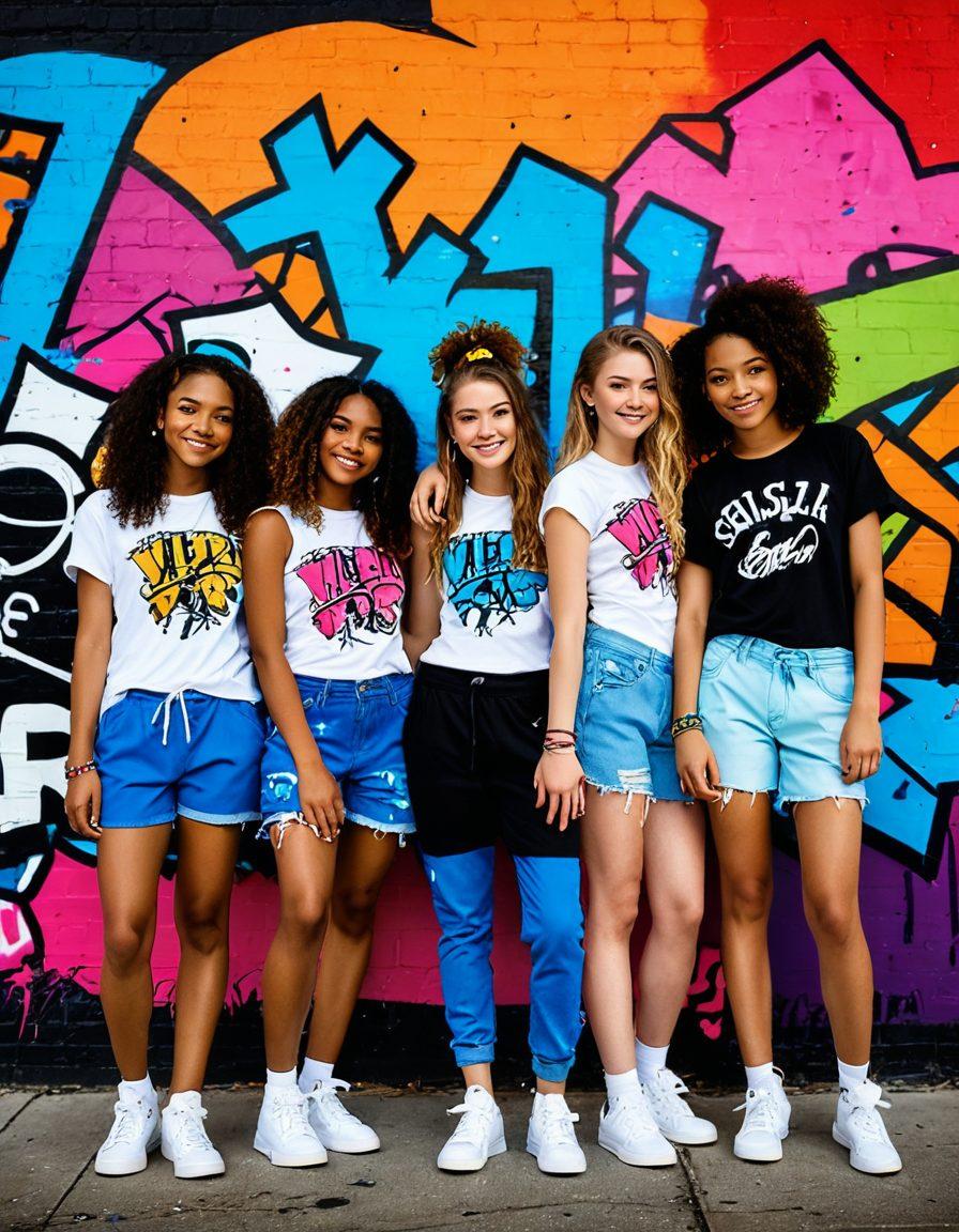 A vibrant scene showcasing diverse teens confidently expressing their individuality through unique fashion styles, set against a colorful urban backdrop with graffiti art. Each teen has distinct accessories and hairstyles that reflect their personalities, radiating joy and empowerment. Bright lighting highlights the energy and creativity in the atmosphere. Include elements symbolizing self-expression like paint splashes and musical notes. vivid colors. urban street art style. energetic vibe.