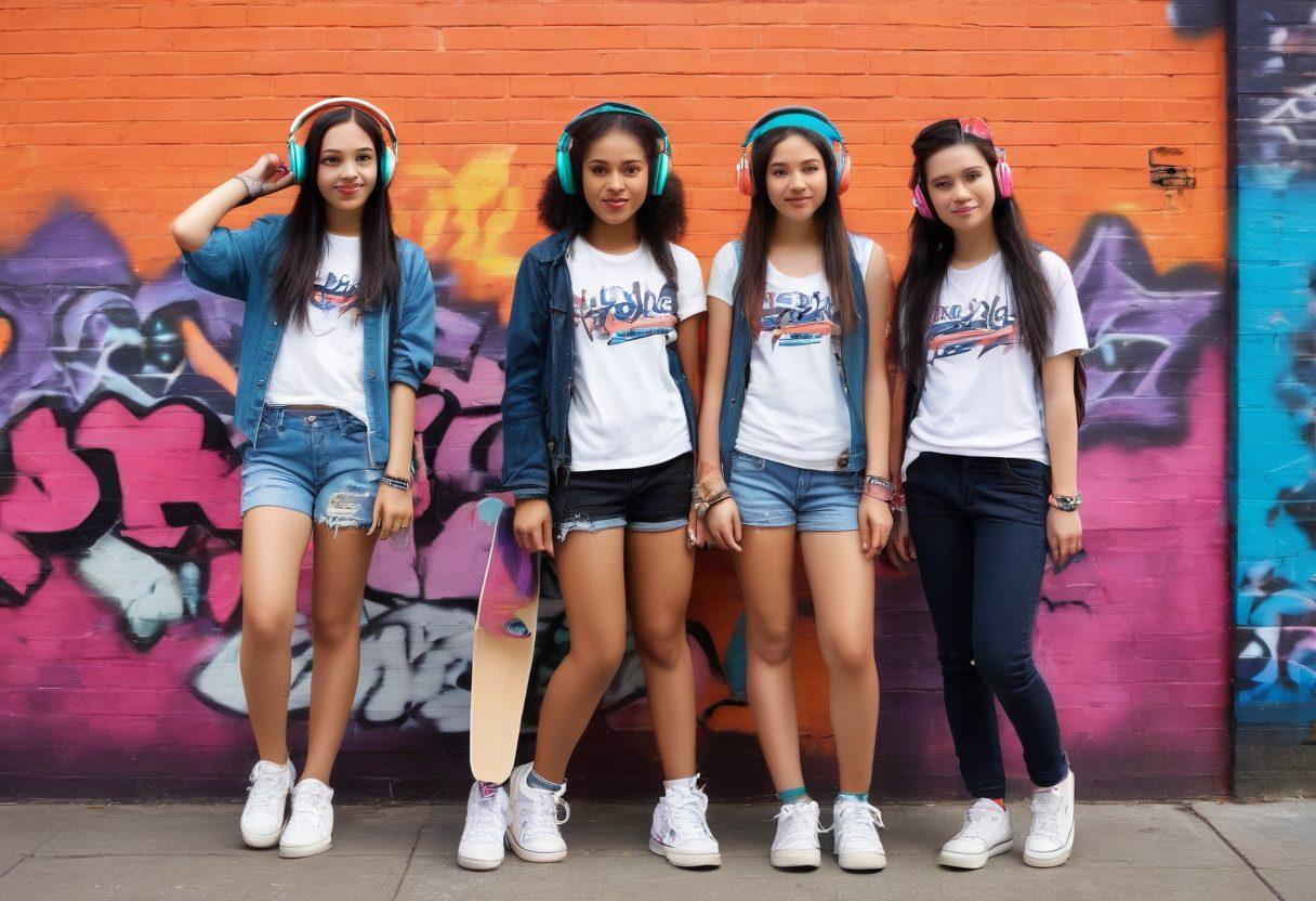 A vibrant scene showcasing diverse teens expressing their unique styles through fashion, art, and music, surrounded by colorful graffiti walls and urban landscapes. Capture the essence of modern youth culture with dynamic poses, accessories, and a sense of empowerment. Include elements like skateboards, headphones, and creative hairstyles in a lively city setting. super-realistic. vibrant colors. urban background.