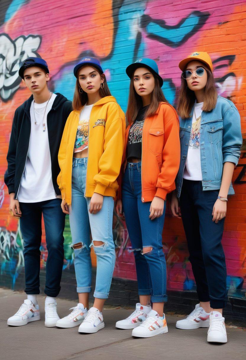 A diverse group of stylish teenagers engaging in a vibrant urban setting, showcasing unique fashion styles such as streetwear, vintage pieces, and accessories. Include graffiti art in the background, symbolizing self-expression, with trendy sneakers and hats. Capture the essence of modern youth culture with lively poses and facial expressions. Bright, eye-catching colors dominate the scene, conveying energy and creativity. super-realistic. vibrant colors. urban background.